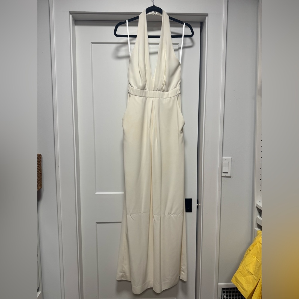 Jill Stuart Cream Wide-Leg Jumpsuit with Fitted Bodice Perfect for Bridal Event